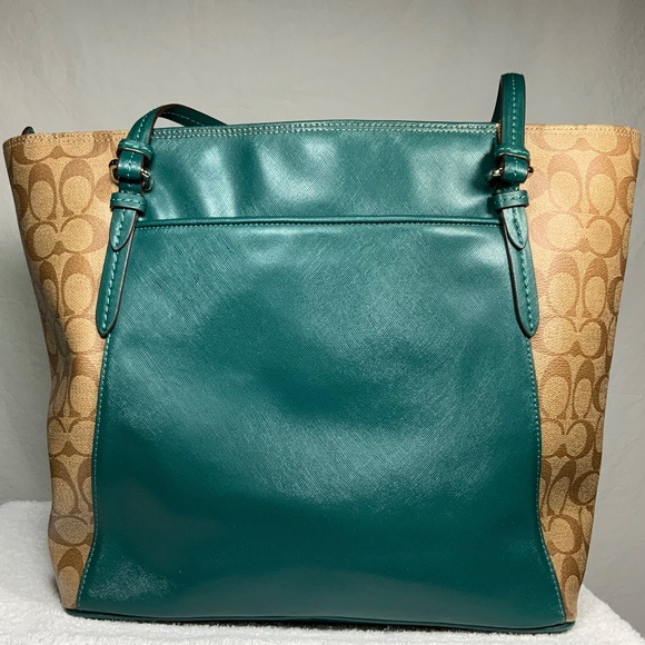 Coach F30301 Peyton Coated Canvas Saffiano Tote Green and Khaki - Picture 3 of 15